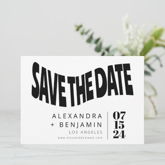 Funky Retro Groovy Unieke foto White - zwart Save The Date (Staand voorkant)