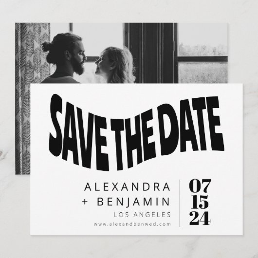 Funky Retro Groovy Unieke foto White - zwart Save The Date (Voorkant / Achterkant)