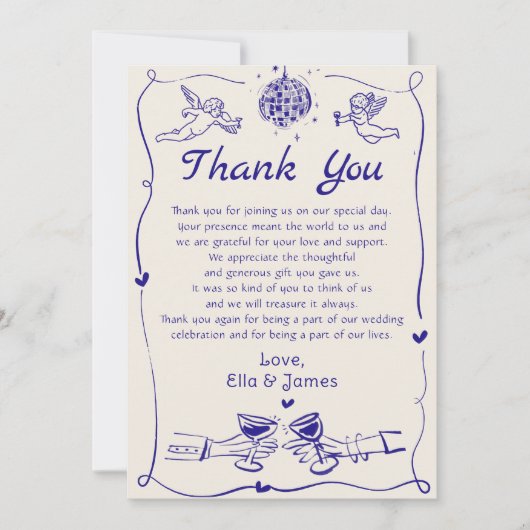 Funky Retro Hand getrokken bruiloft dank u kaart (Voorkant)