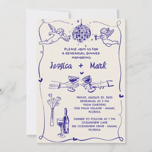 Funky Retro Hand getrokken bruiloft repetitie dine Kaart (Voorkant)