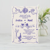 Funky Retro Hand getrokken bruiloft repetitie dine Kaart (Staand voorkant)