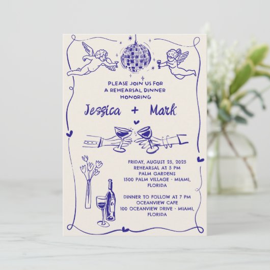 Funky Retro Hand getrokken bruiloft repetitie dine Kaart (Staand voorkant)