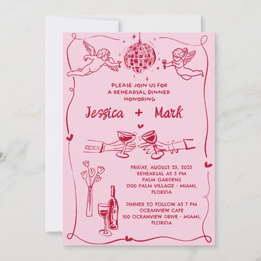 Funky Retro Hand getrokken bruiloft repetitie dine Kaart (Voorkant)