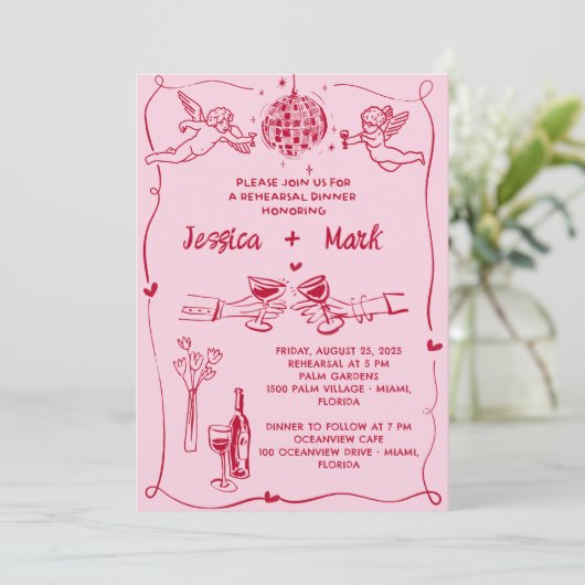 Funky Retro Hand getrokken bruiloft repetitie dine Kaart (Staand voorkant)