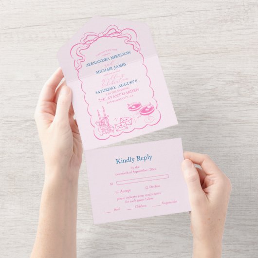 Funky Retro Hand getrokken Champagne Tower Bruilof All In One Uitnodiging (Afscheurbaar)