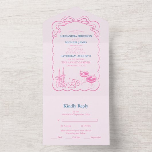 Funky Retro Hand getrokken Champagne Tower Bruilof All In One Uitnodiging (Binnen)