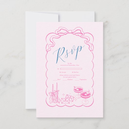 Funky Retro Hand getrokken Champagne Tower Bruilof RSVP Kaartje (Voorkant)