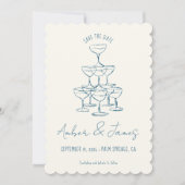 Funky Retro Hand getrokken Champagne Tower Bruilof Save The Date (Voorkant)