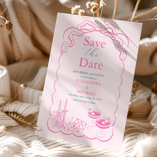 Funky Retro Hand getrokken Champagne Tower Bruilof Save The Date