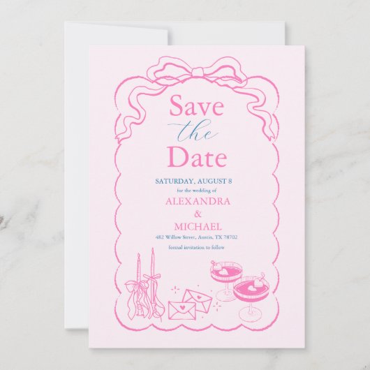 Funky Retro Hand getrokken Champagne Tower Bruilof Save The Date (Voorkant)