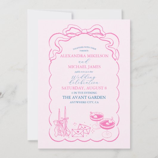 Funky Retro Hand getrokken Champagne Trouwen Kaart (Voorkant)