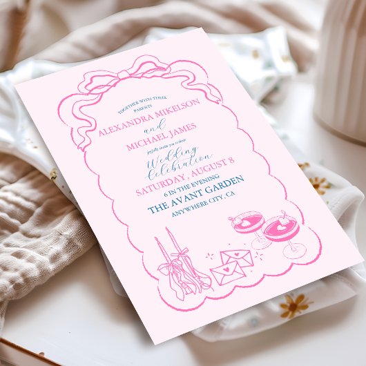 Funky Retro Hand getrokken Champagne Trouwen Kaart