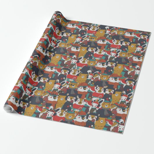 Funky Retro-kerstdieren Cadeaupapier (Uitgerold)