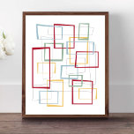Funky Retro Mid-eeuwse Squares Poster<br><div class="desc">Dit funky moderne poster ontwerp uit de midden eeuw heeft donkerrode,  lichtblauwe,  zachte groene en gele abstracte vierkantjes en rechthoeken. Het wordt gemarkeerd door dunne zwarte abstracte vierkanten en rechthoeken. Voeg een pop van retro lol toe aan je thuisdecor!</div>