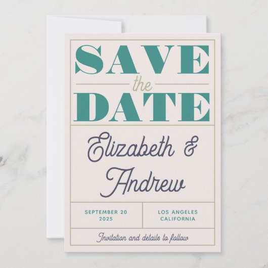 Funky Retro  Mint Green Blue Script Weddenschap Save The Date (Voorkant)