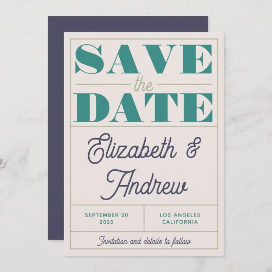 Funky Retro Mint Green Blue Script Weddenschap Save The Date (Voorkant / Achterkant)