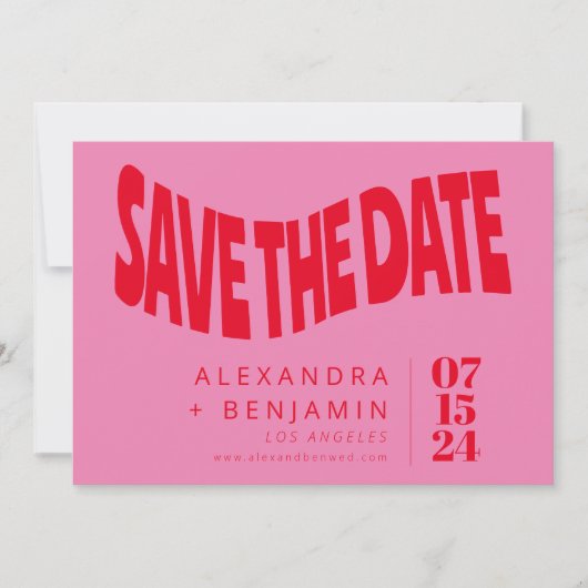 Funky Retro Mod Unieke Roze en Rode Foto Save The Date (Voorkant)