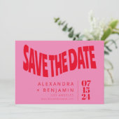 Funky Retro Mod Unieke Roze en Rode Foto Save The Date (Staand voorkant)