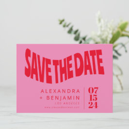 Funky Retro Mod Unieke Roze en Rode Foto Save The Date