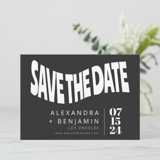 Funky Retro Mod Unique Black and White Photo Save The Date (Staand voorkant)