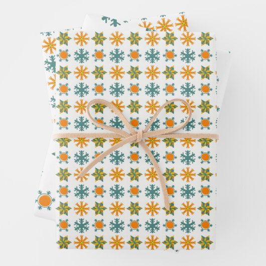 Funky Retro Nordic Blauwgroen Sinaasappel Sneeuwvl Inpakpapier Vel (In situ)