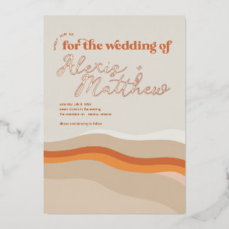 Funky Retro Oranje Peach en Gold Desert Wedding Folie Uitnodiging