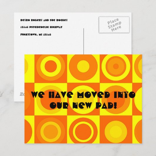 Funky Retro Oranje Yellow Circle Adreswijziging Aankondigingskaart (Voorkant / Achterkant)
