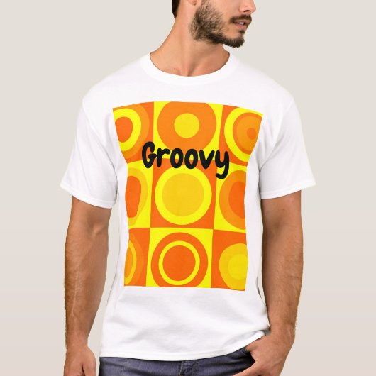 Funky Retro Oranje Yellow Circles Squares T-shirt (Voorkant)