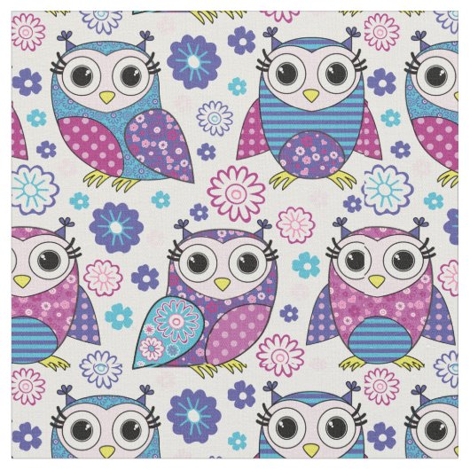 Funky Retro Owls Fabric Stof (Close Up)