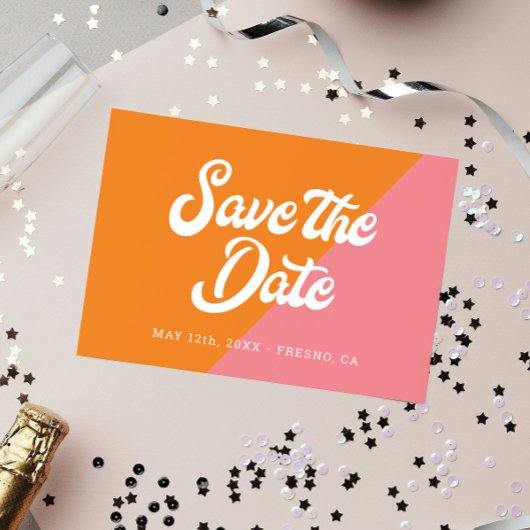 Funky Retro Pink Oranje Weddenschap bewaart de dat