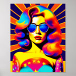 Funky Retro Pop Art Mode Poster<br><div class="desc">Breng het terug naar de tijd van vrede, liefde en bloemen kracht met deze verbluffende kunstschepping voor de pop. Een fascinerend psychedelisch meisje, dat een paar trendy zonnebrillen doneert, schijnt tegen de achtergrond van de iconische sterren en strepen. Met zijn gedurfde kleuren, retro groovy vibe, en het moderne kunstontwerp van...</div>