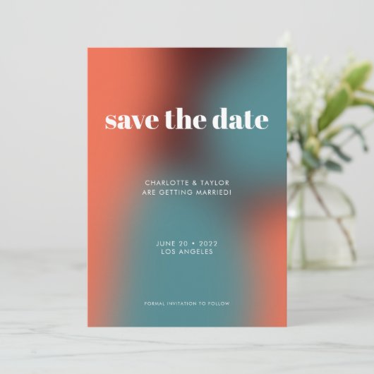 Funky Retro Turquoise Sinaasappel Gradient Bruilof Save The Date (Staand voorkant)