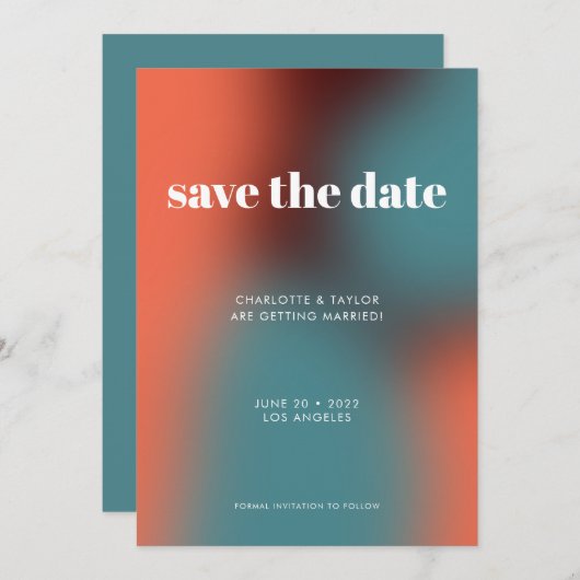 Funky Retro Turquoise Sinaasappel Gradient Bruilof Save The Date (Voorkant / Achterkant)
