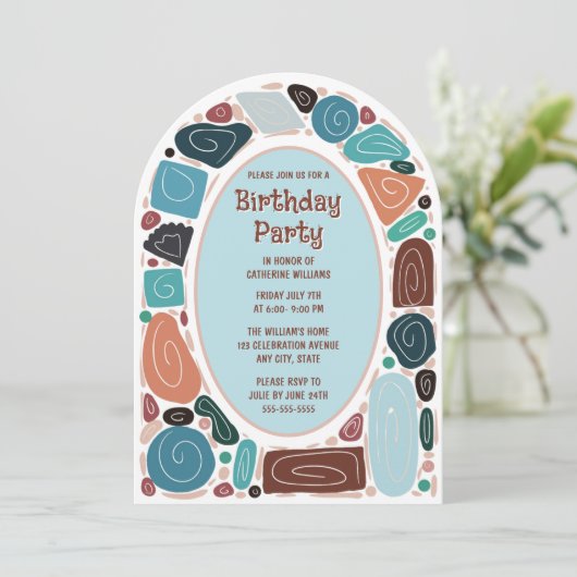 Funky Retro Verjaardag Uitnodiging Mid Century Mod (Staand voorkant)