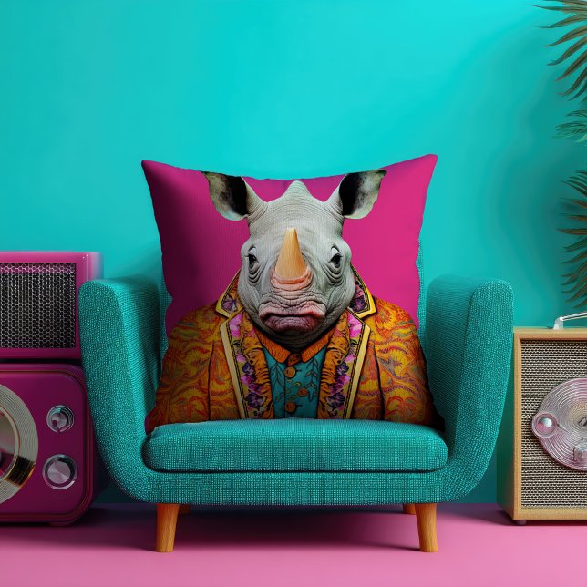 Funky Rhino Portret Hot Pink Kussen (Creator heeft geüpload)