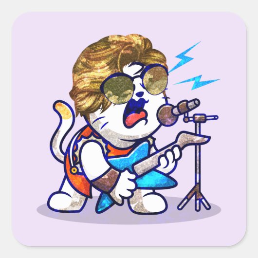 Funky Rockstar Cat - Cool Music Lover Kat Vierkante Sticker (Voorkant)