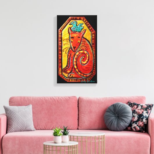 Funky rood nieuwsgierig kat origineel schilderij canvas afdruk (Insitu (Woonkamer))