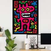 Funky Roze Alien – Neon Pop Art Excentrieke Monste Poster (Thuiskantoor)