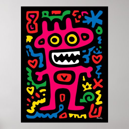 Funky Roze Alien – Neon Pop Art Excentrieke Monste Poster (Voorkant)