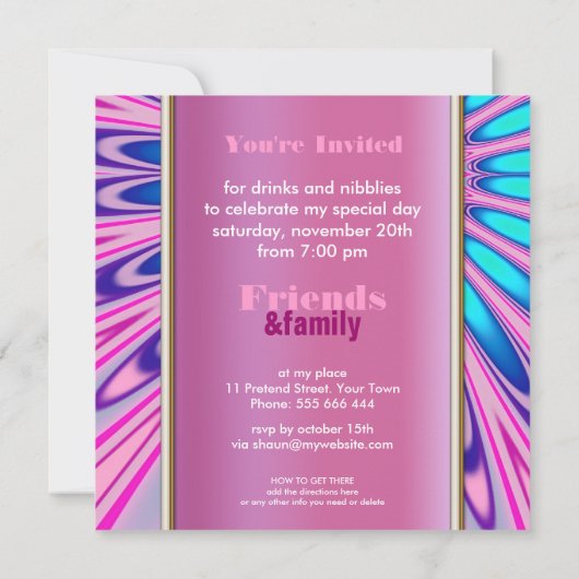 Funky Roze Blauw Groovy Verjaardagsfeestuitnodigin Kaart (Achterkant)