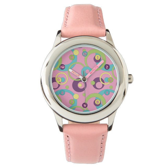 Funky Roze Cirkels Horloge (Voorkant)