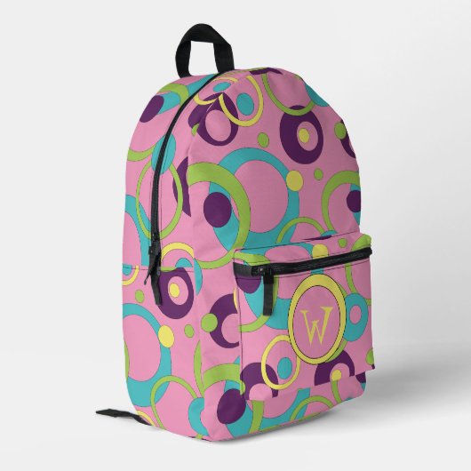 Funky Roze Cirkelshapes Bedrukte Rugzak (Achterkant Hoek Links)