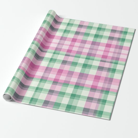Funky roze en groen geruite tartanpatroon cadeaupapier (Uitgerold)