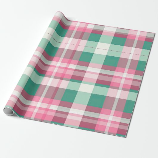 Funky roze en munt groen geruite tartanpatroon cadeaupapier (Uitgerold)