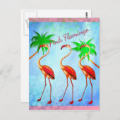 Funky roze flamingo's palmbomen blauwe lucht briefkaart (Voorkant / Achterkant)