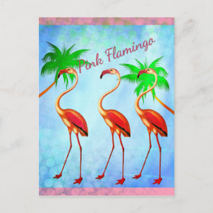 Funky roze flamingo's palmbomen blauwe lucht briefkaart