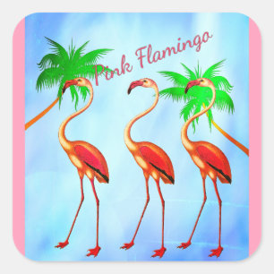 Funky roze flamingo's palmbomen blauwe lucht vierkante sticker