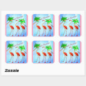 Funky roze flamingo's palmbomen blauwe lucht vierkante sticker (Vel)