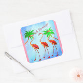 Funky roze flamingo's palmbomen blauwe lucht vierkante sticker (Envelop)