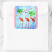 Funky roze flamingo's palmbomen blauwe lucht vierkante sticker (Tas)